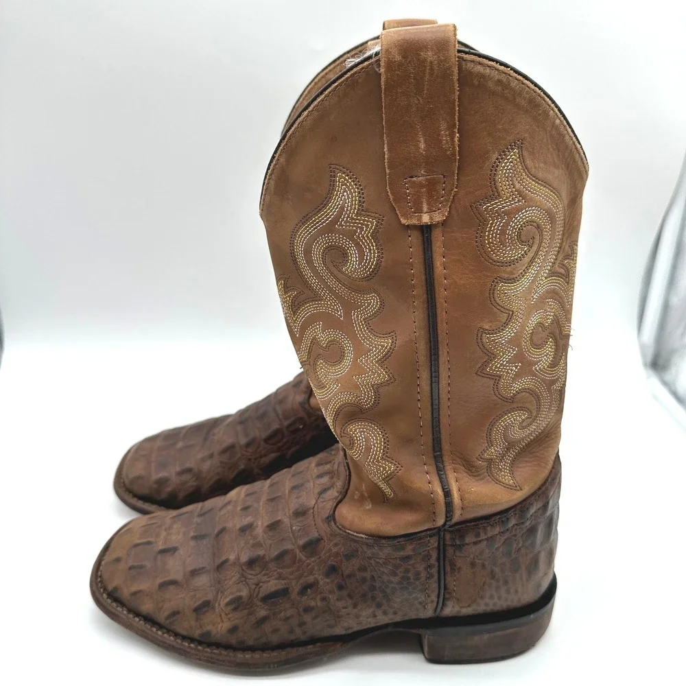 Old West Brown Leather Embroider Caiman Print Western Cowboy Boots Boys Youth 5D
